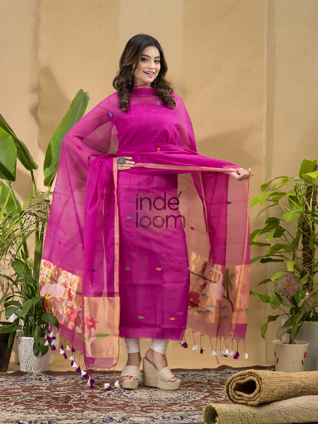 Hot Pink Jamdani 2-Piece Set Kurti & Dupatta (UNSTITCHED) -694