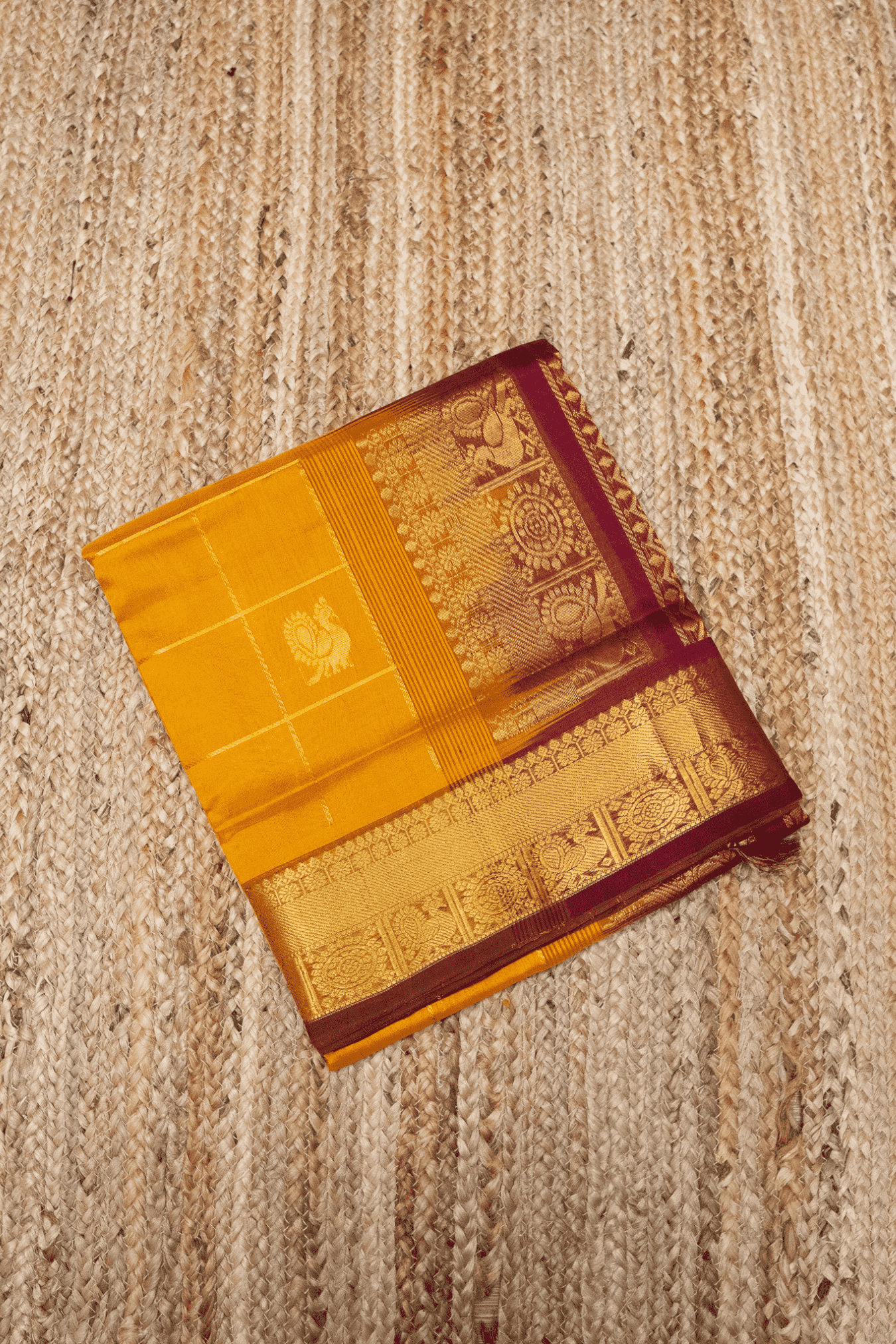 Pure Handloom Korvai Mayil-Chakram Saree in Golden Yellow - 144