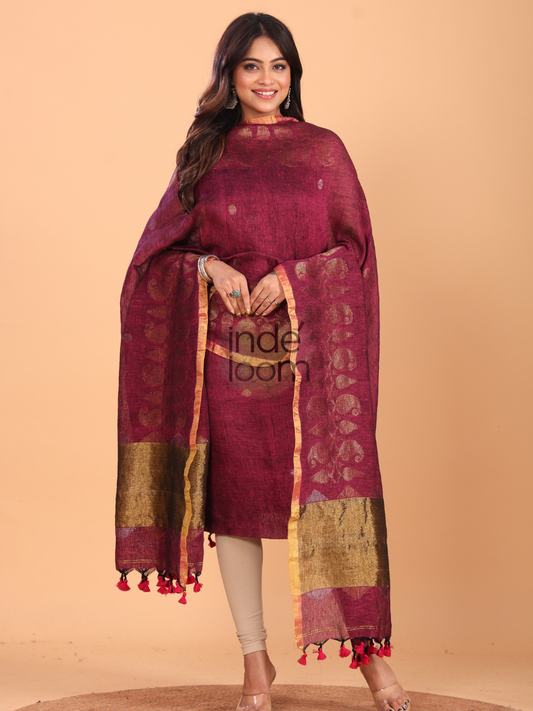 Handwoven Handwoven Linen Unstitched 2-piece Kurti  |  Maroon Red