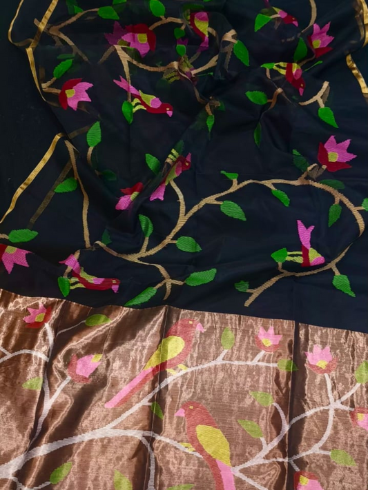 Coal Black  Hand Woven Muslin Paithani Jamdani Saree -126