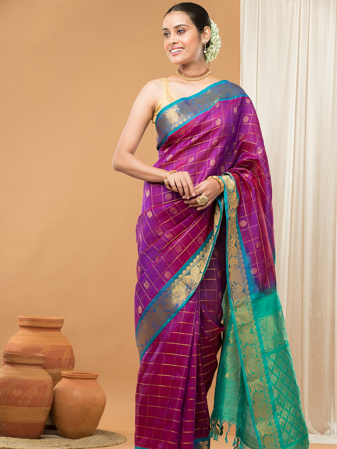 Pure Handloom Korvai Saree | Orchid Purple Cyan Blue