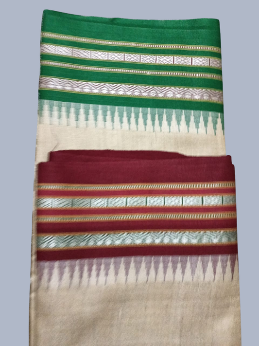Green and Red Handloom Vidarbha Tussar Silk Saree with Multicolor Contrast Border - 009