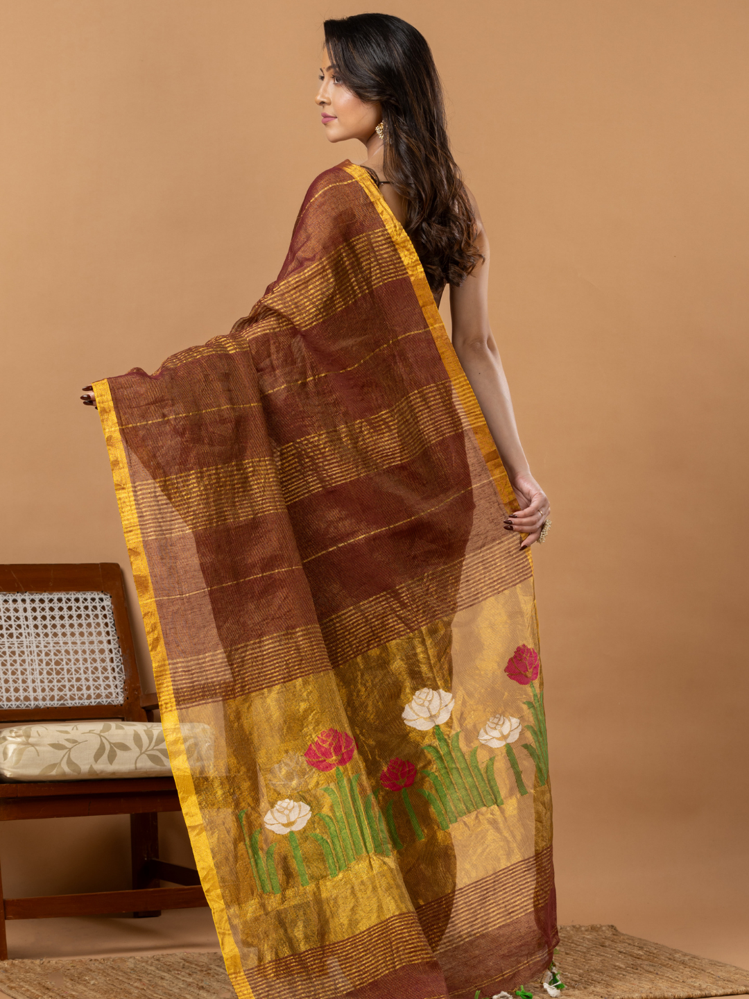 Handwoven Jamdani Silk Tissue Linen Saree | Copper Brown