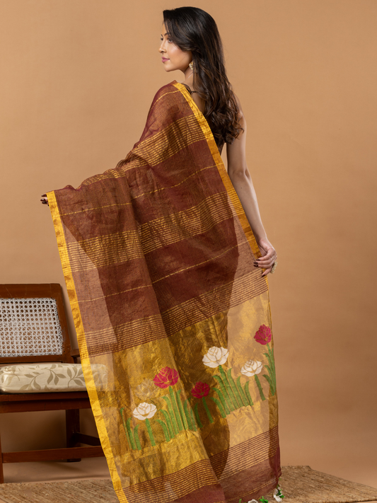 Handwoven Jamdani Silk Tissue Linen Saree | Copper Brown