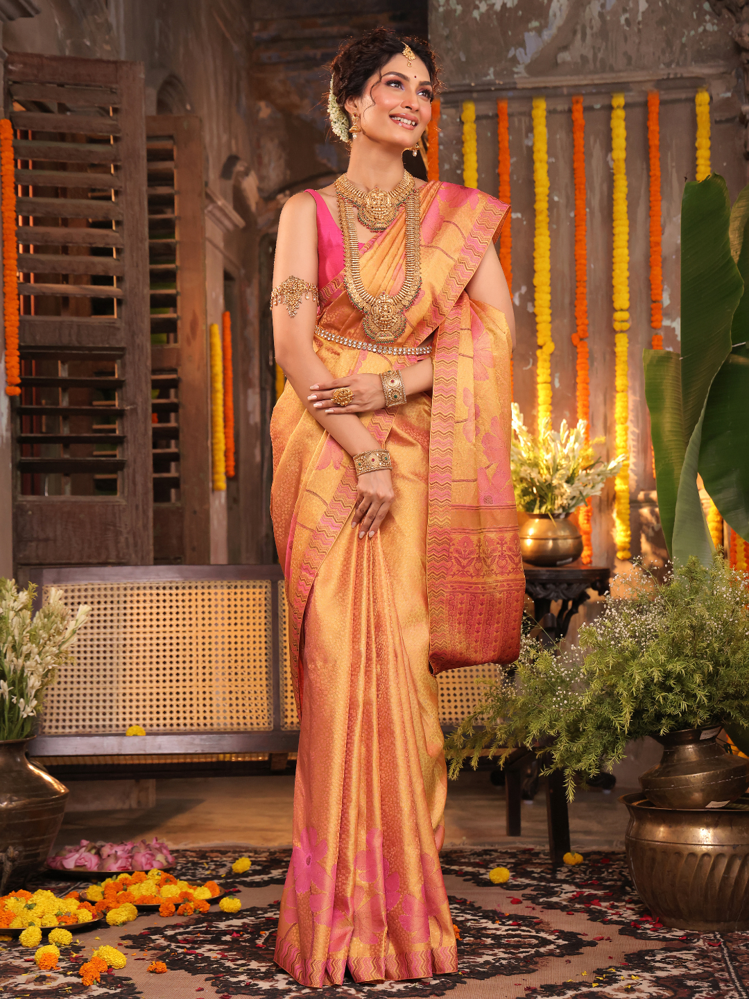 Kanaka Varnika - Golden yellow drape with rudraksha motifs