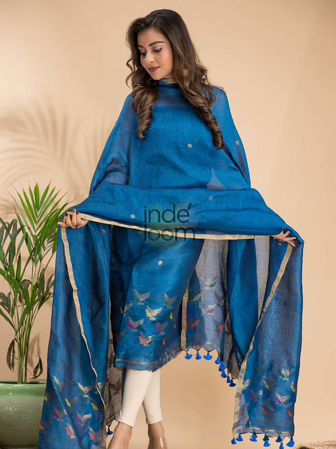 Indigo Blue Cotton Linen 2-Piece Set Kurti & Dupatta (UNSTITCHED) - 002