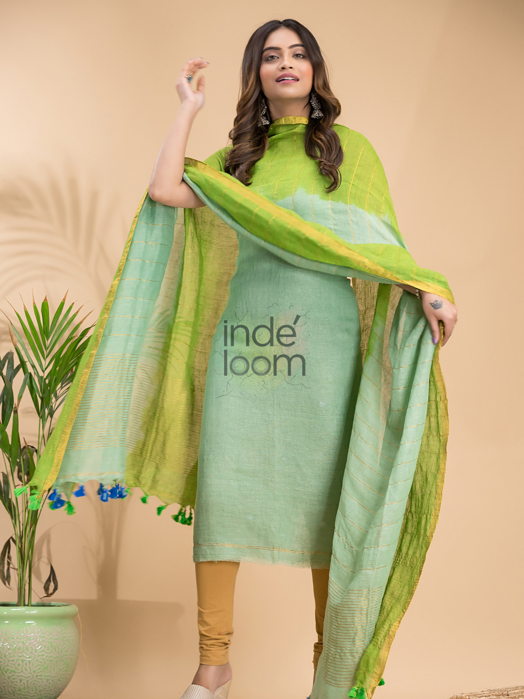 Pastel Green Handloom Linen X Linen 2-Piece Set Kurti & Dupatta (UNSTITCHED) - 861