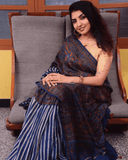 Ajrakh Exclusive Designer Chanderi Cotton Saree in Navy Blue and Red - 037 - indeloom