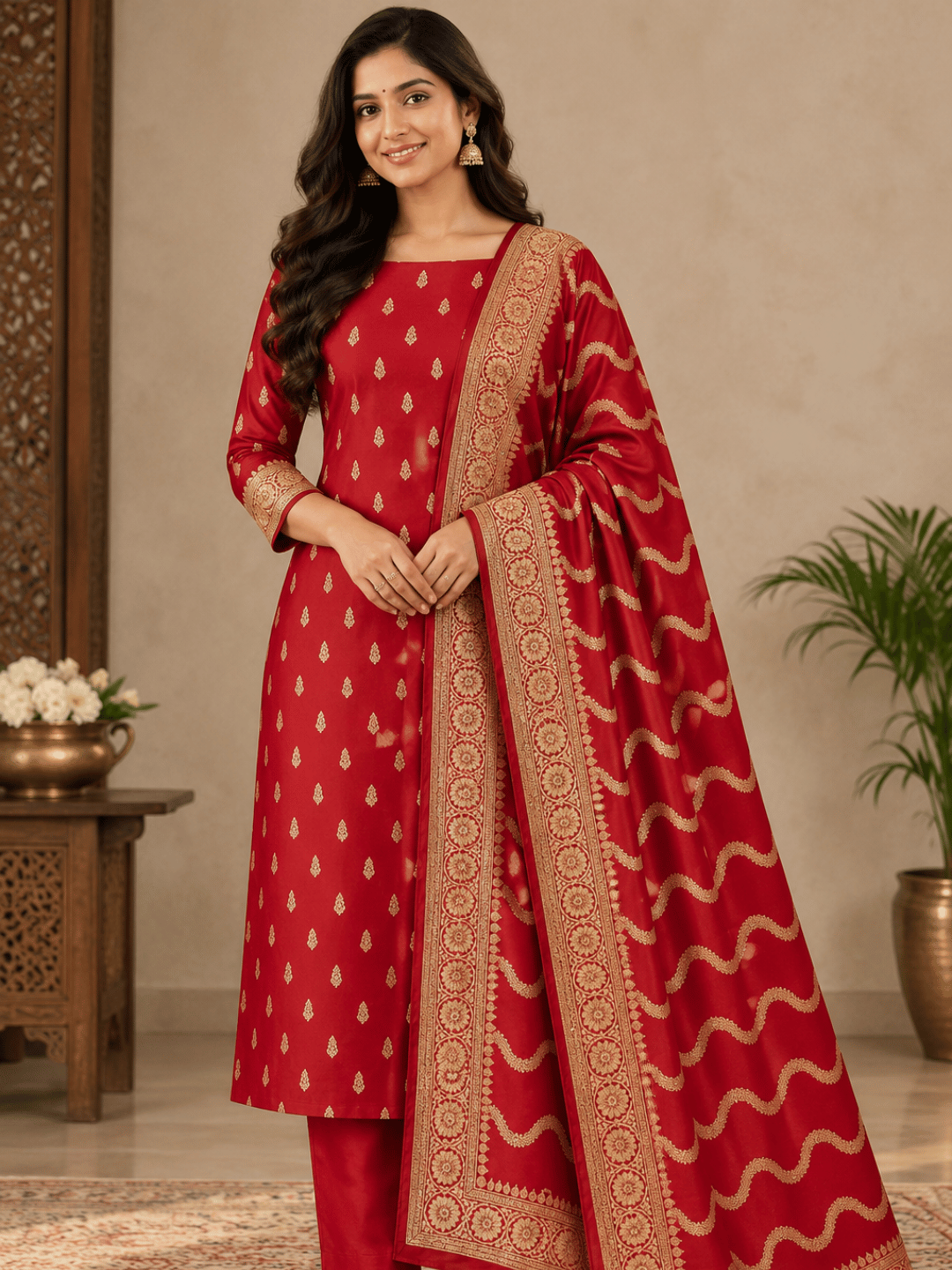 Classic Benarasi Katan Silk Kurti | Red