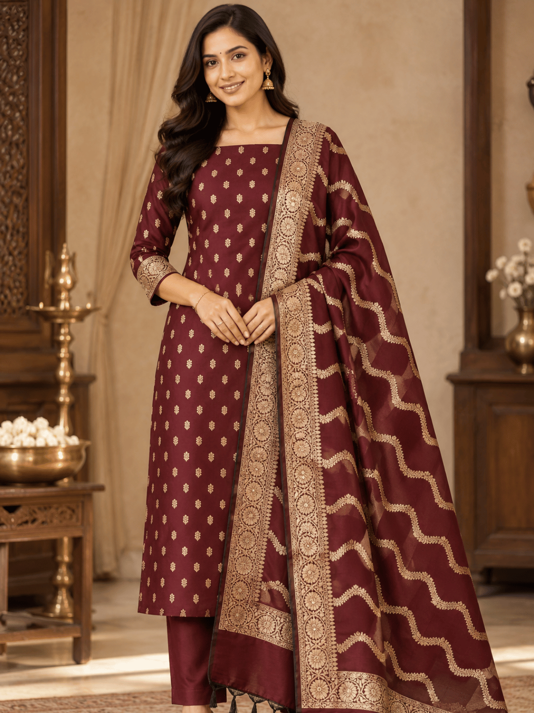 Classic Benarasi Katan Silk Kurti | Red