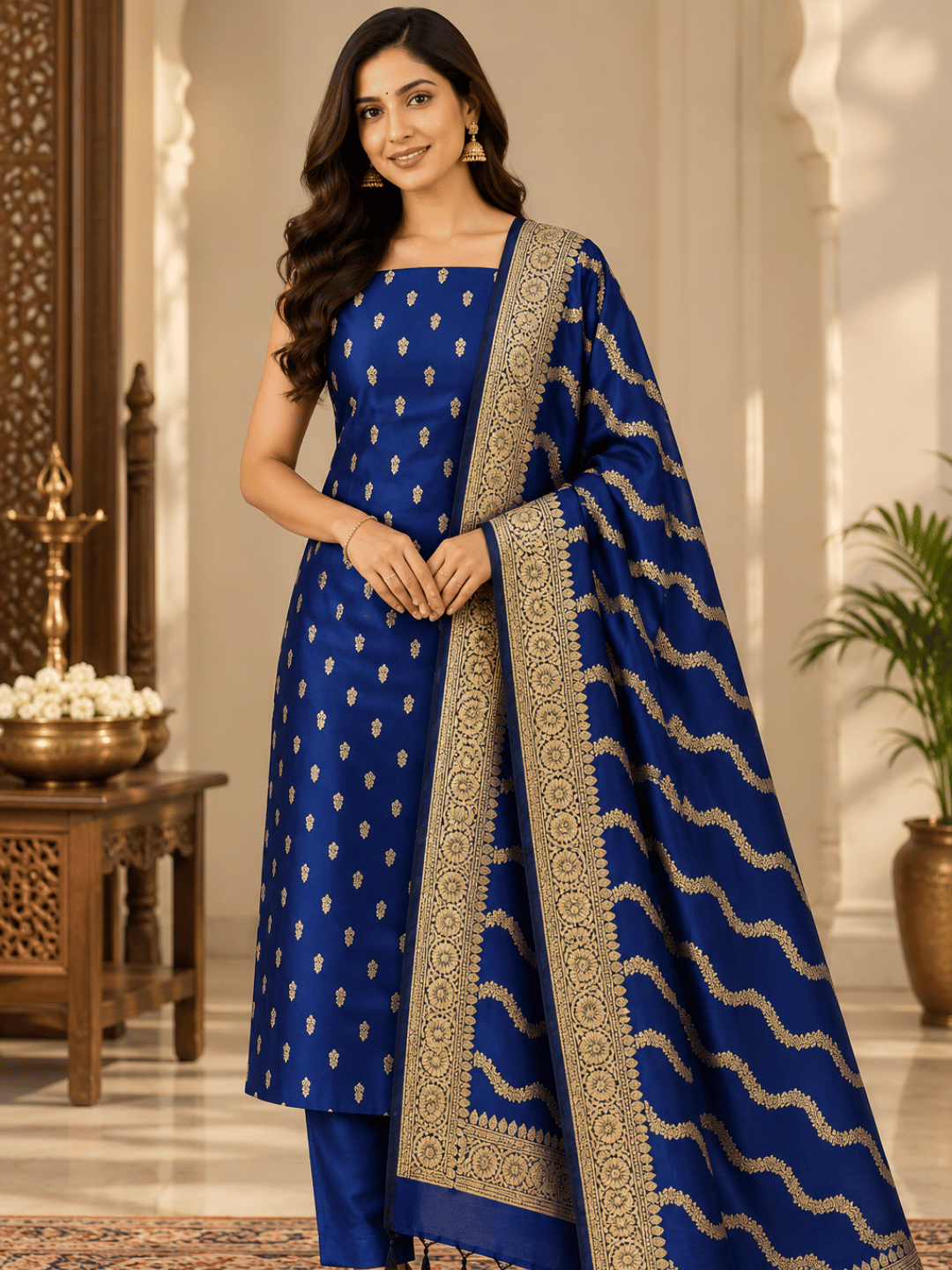 Classic Benarasi Katan Silk Kurti | Navy