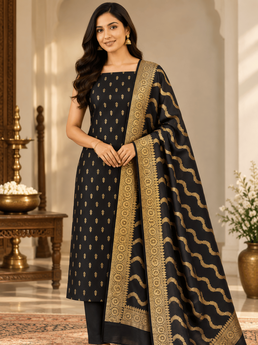 Classic Benarasi Katan Silk Kurti | Black