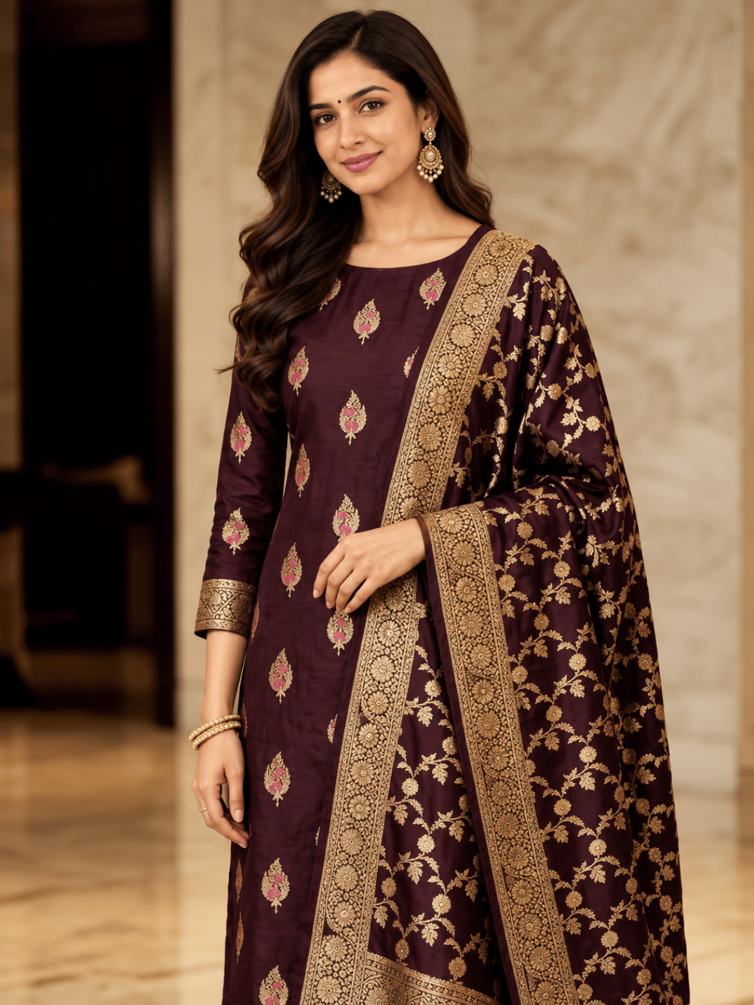 Classic Benarasi Katan Silk Kurti | Purple