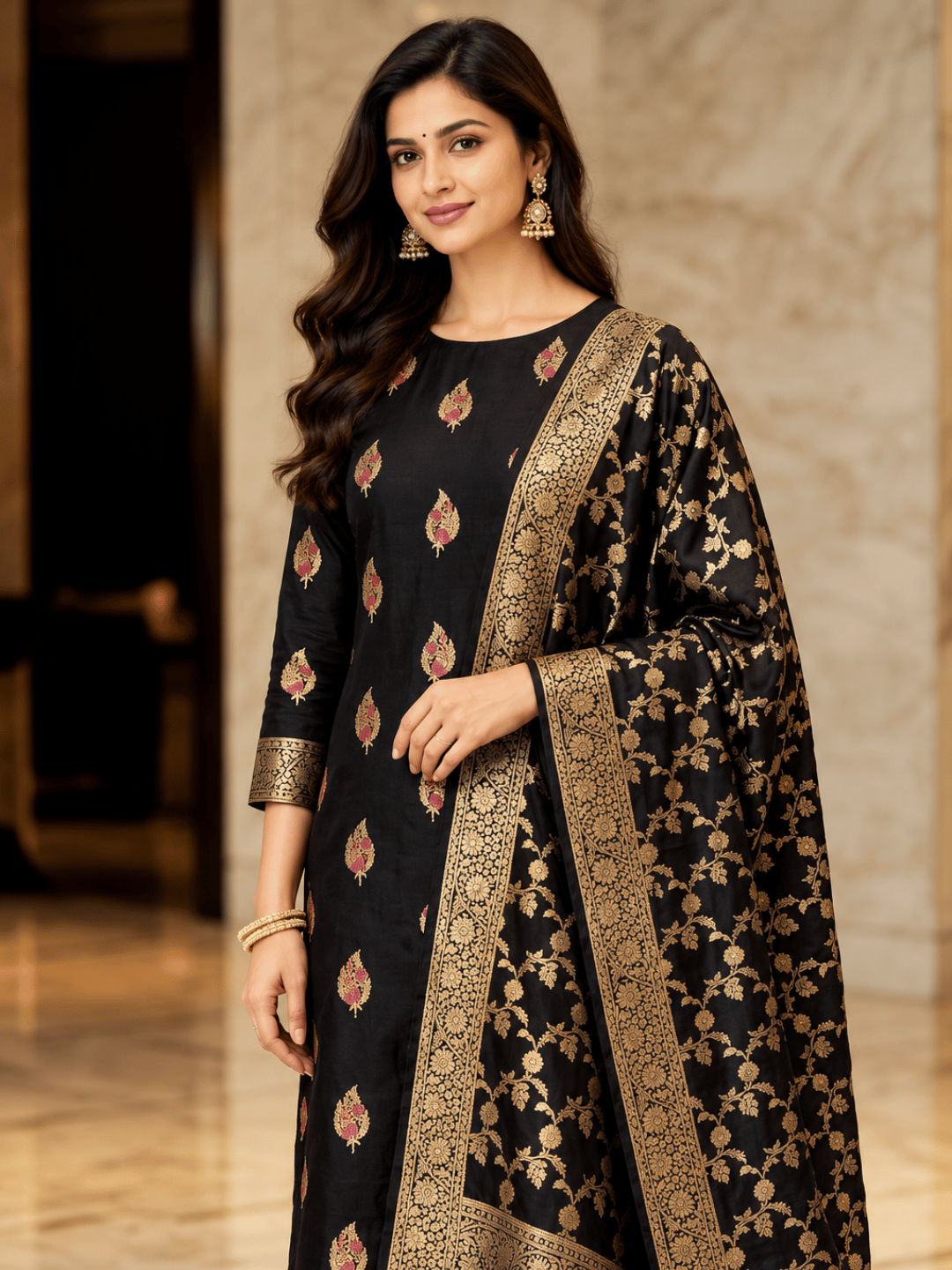 Classic Benarasi Katan Silk Kurti | Black