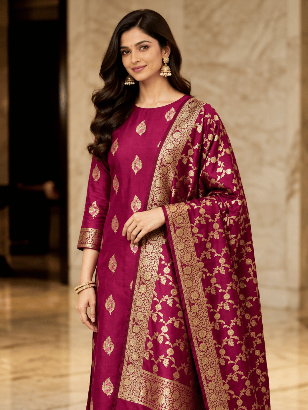 Classic Benarasi Katan Silk Kurti | Pink