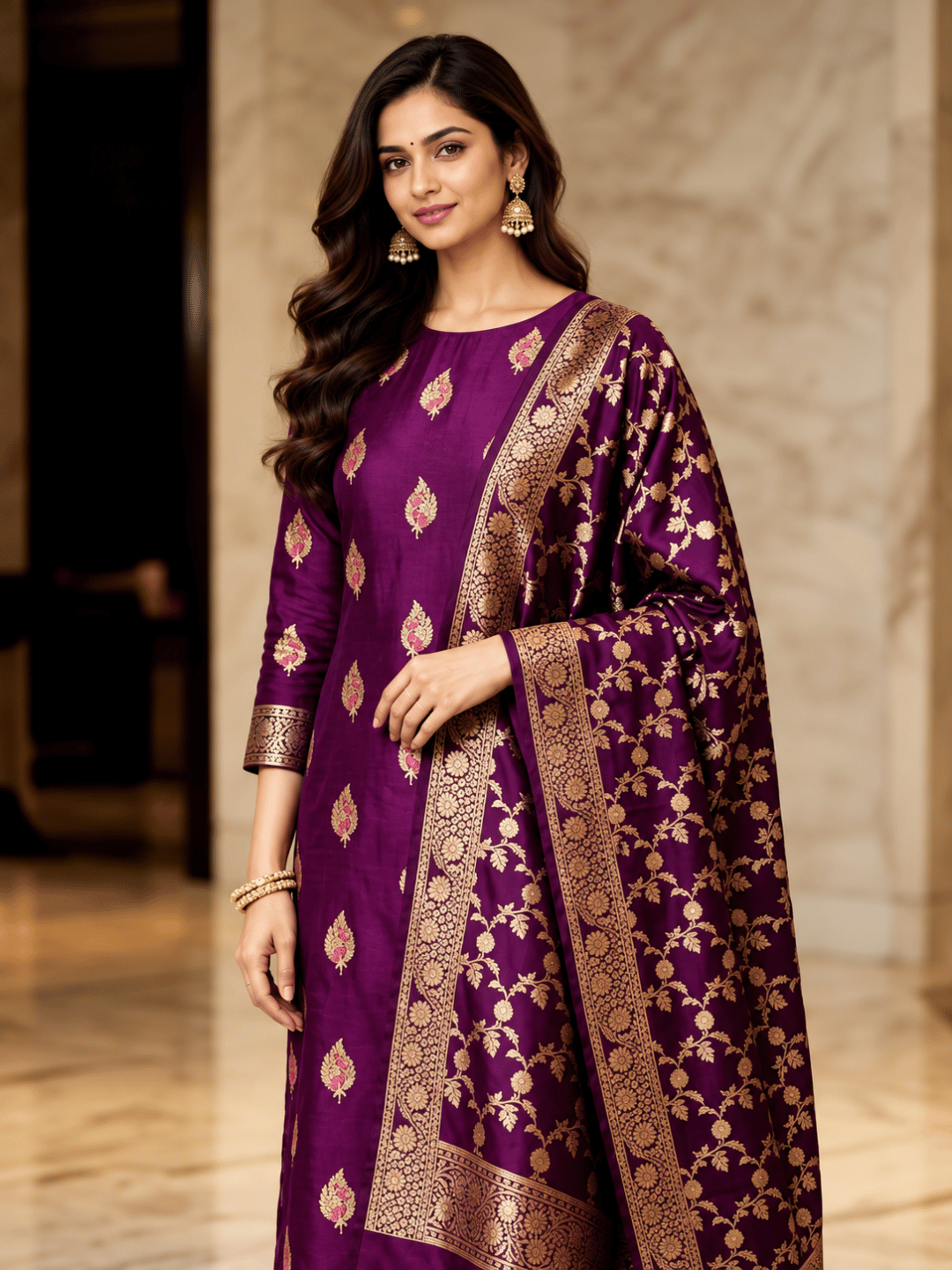 Classic Benarasi Katan Silk Kurti | Purple