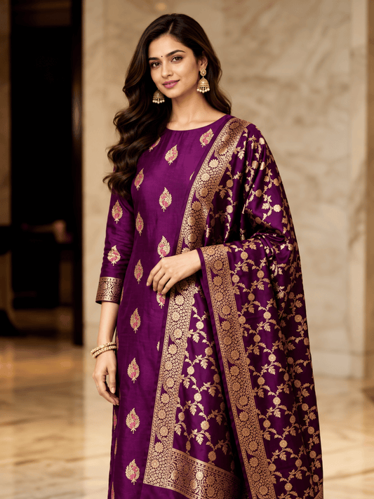 Classic Benarasi Katan Silk Kurti | Purple