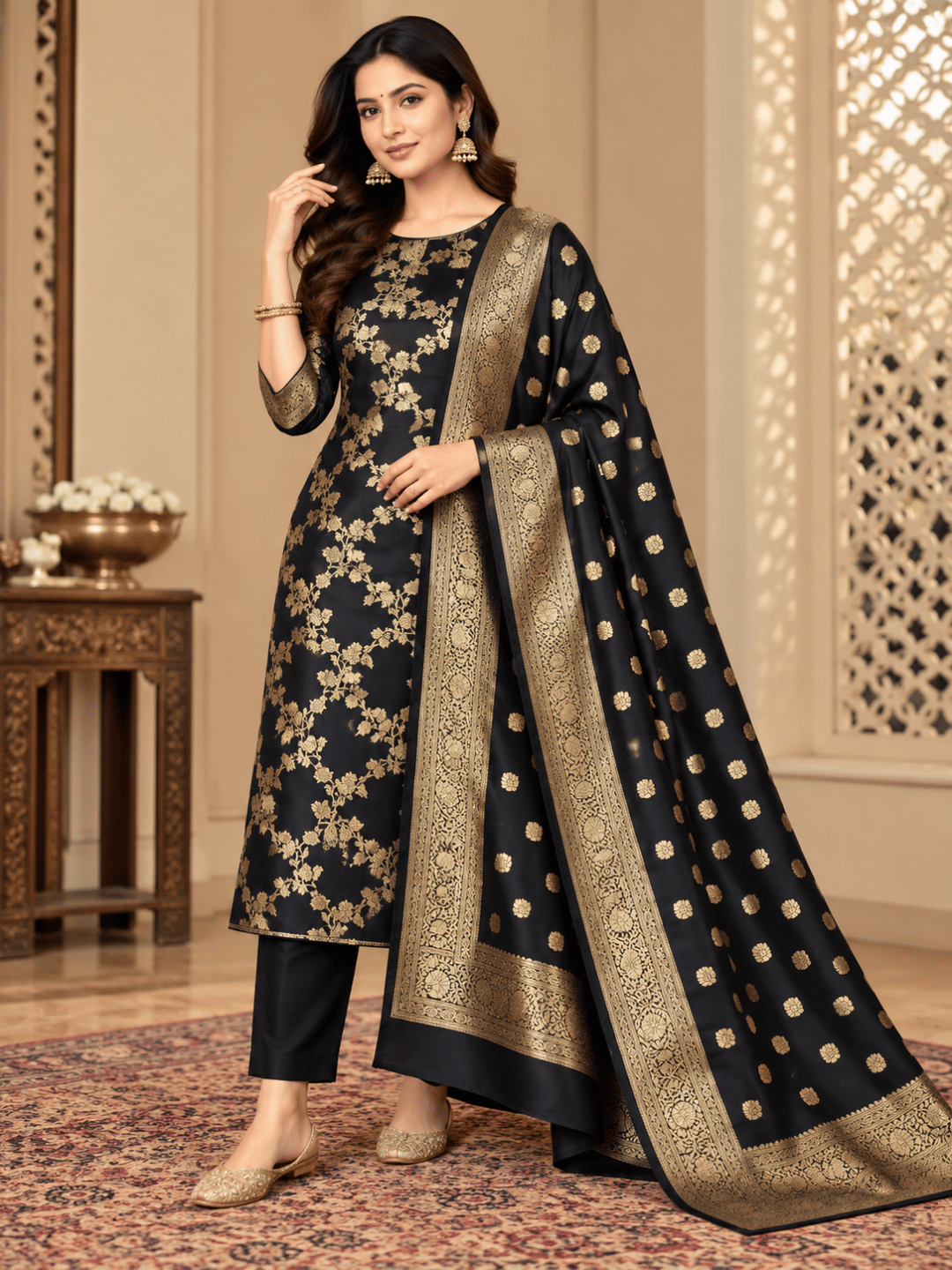 Classic Benarasi Katan Silk Kurti | Black