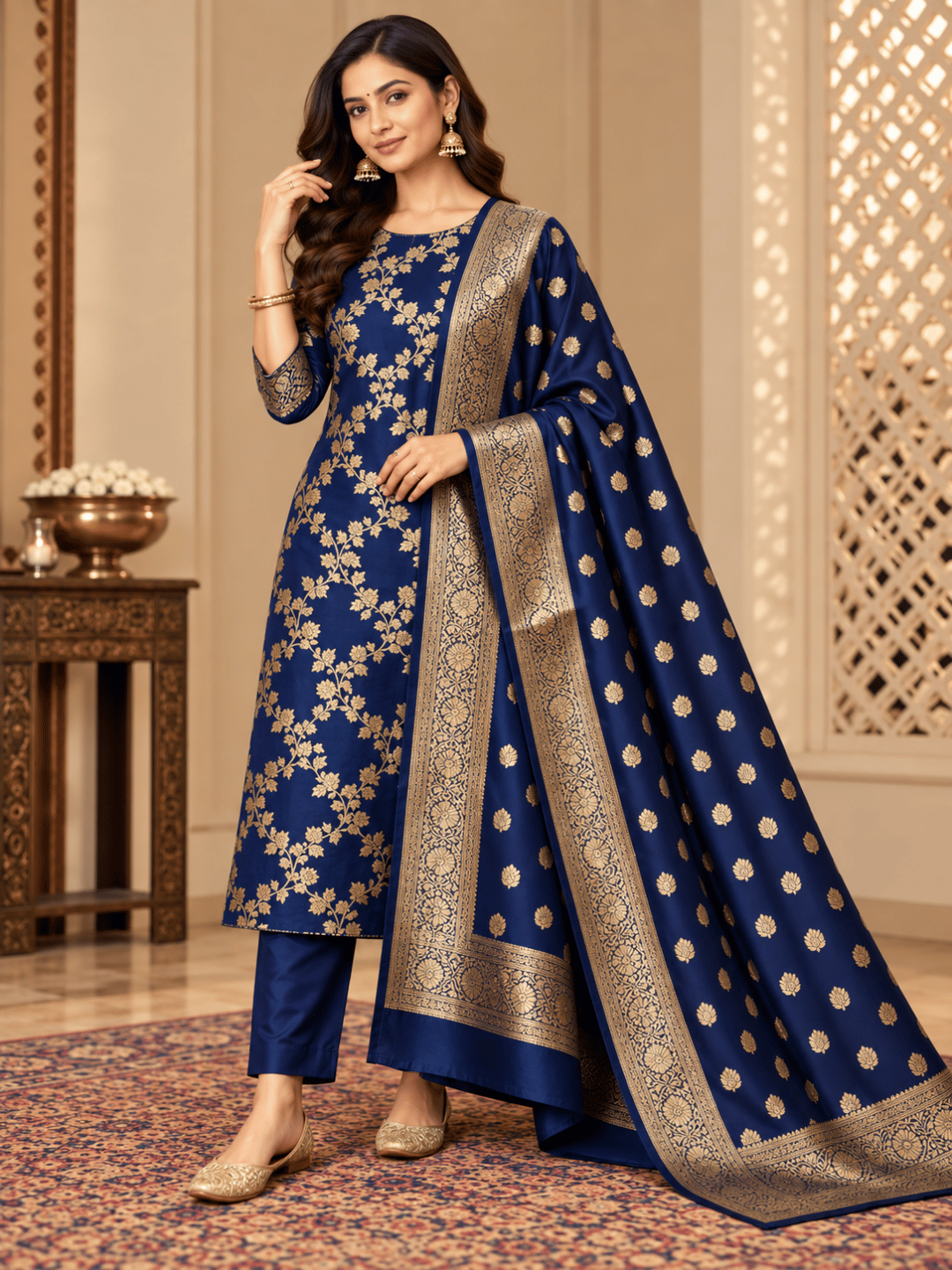 Classic Benarasi Katan Silk Kurti | Navy