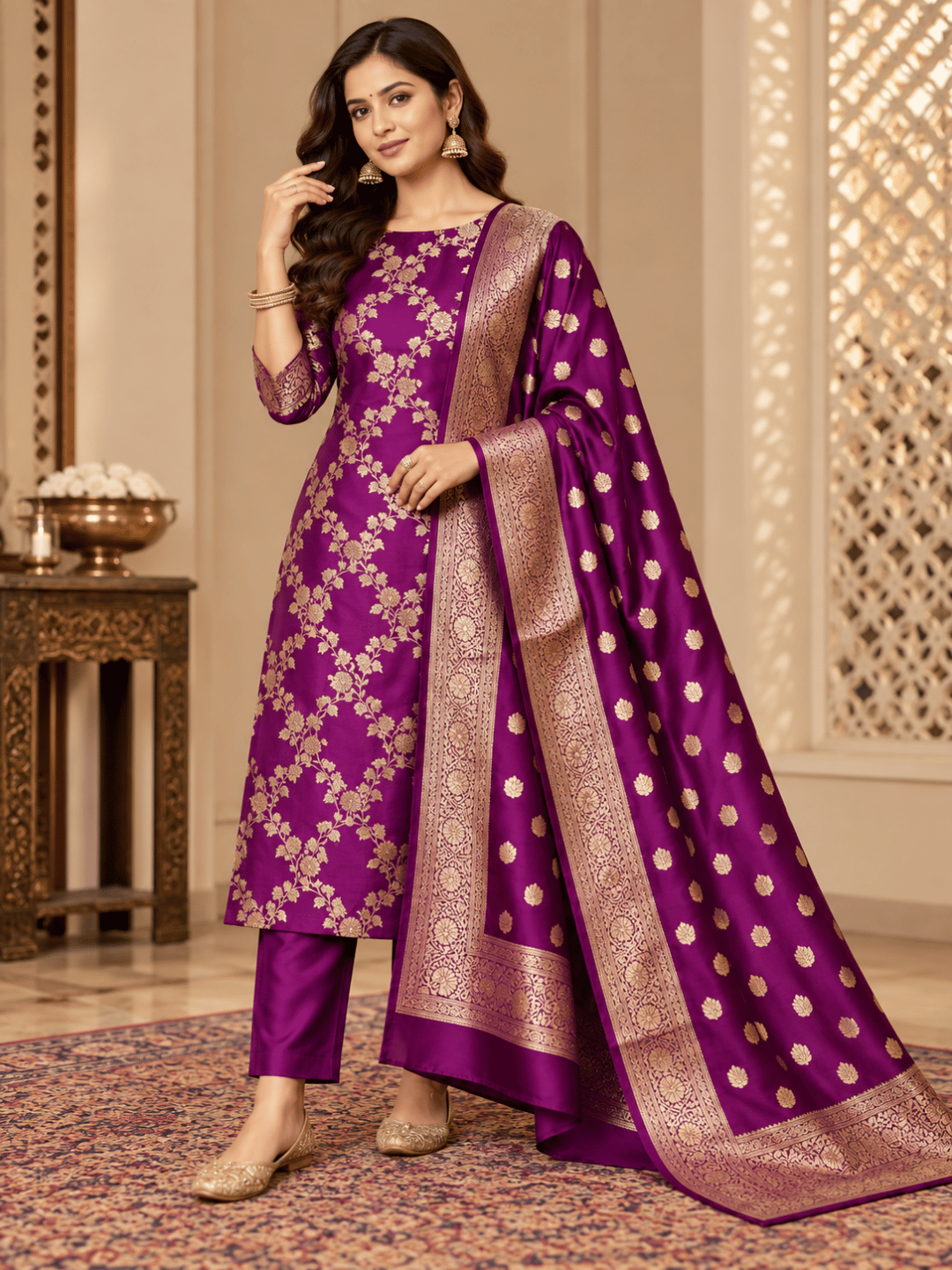 Classic Benarasi Katan Silk Kurti | Purple