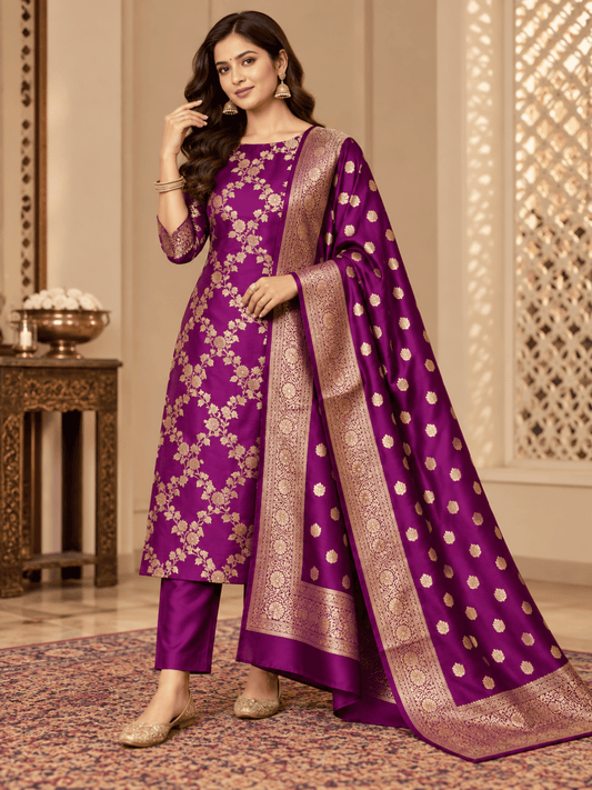 Classic Benarasi Katan Silk Kurti | Purple
