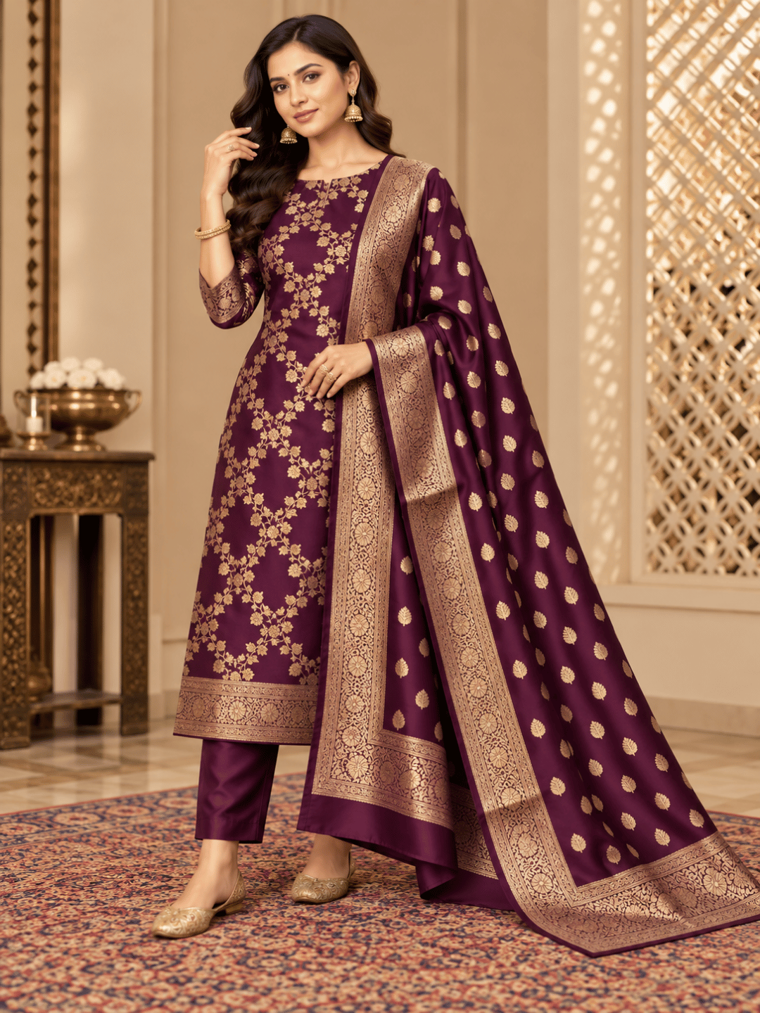 Classic Benarasi Katan Silk Kurti | Purple