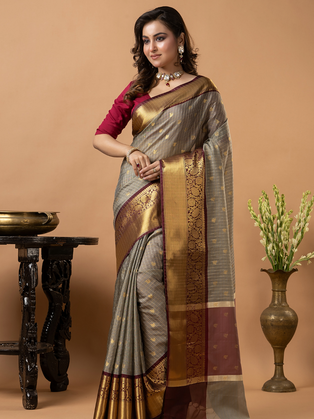 Classic Benarasi Katan Semi Silk Saree | Taupe Grey