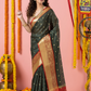 Classic Benarasi Katan Semi Silk Saree | Charcoal Green