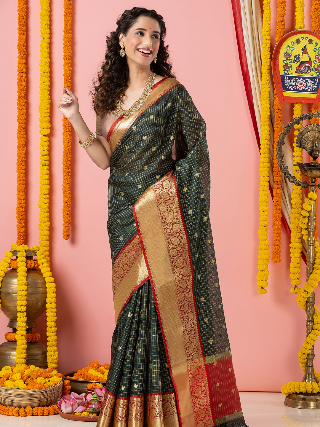 Classic Benarasi Katan Semi Silk Saree | Charcoal Green