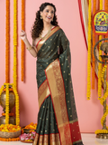 Classic Benarasi Katan Semi Silk Saree | Charcoal Green