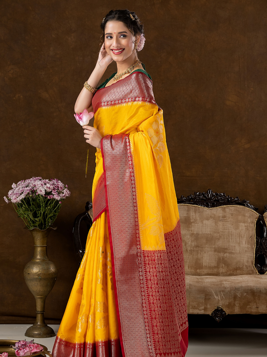Classic Benarasi Katan Semi Silk Saree | Mustard Yellow