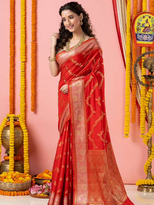 Classic Benarasi Katan Semi Silk Saree | Classic Red