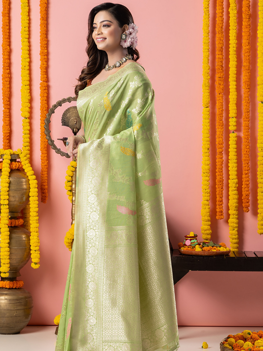 Classic Benarasi Katan Semi Silk Saree | Pale Green