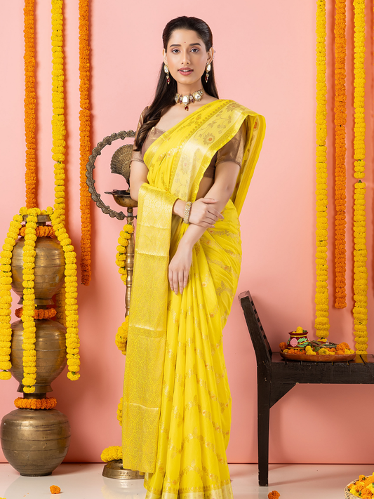 Classic Benarasi Katan Semi Silk Saree | Lemon Yellow