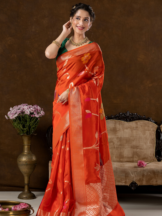 Classic Benarasi Semi Silk Saree | Bright Orange