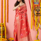 Classic Benarasi Semi Silk Saree | Coral Red