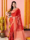 Classic Benarasi Semi Silk Saree | Coral Red