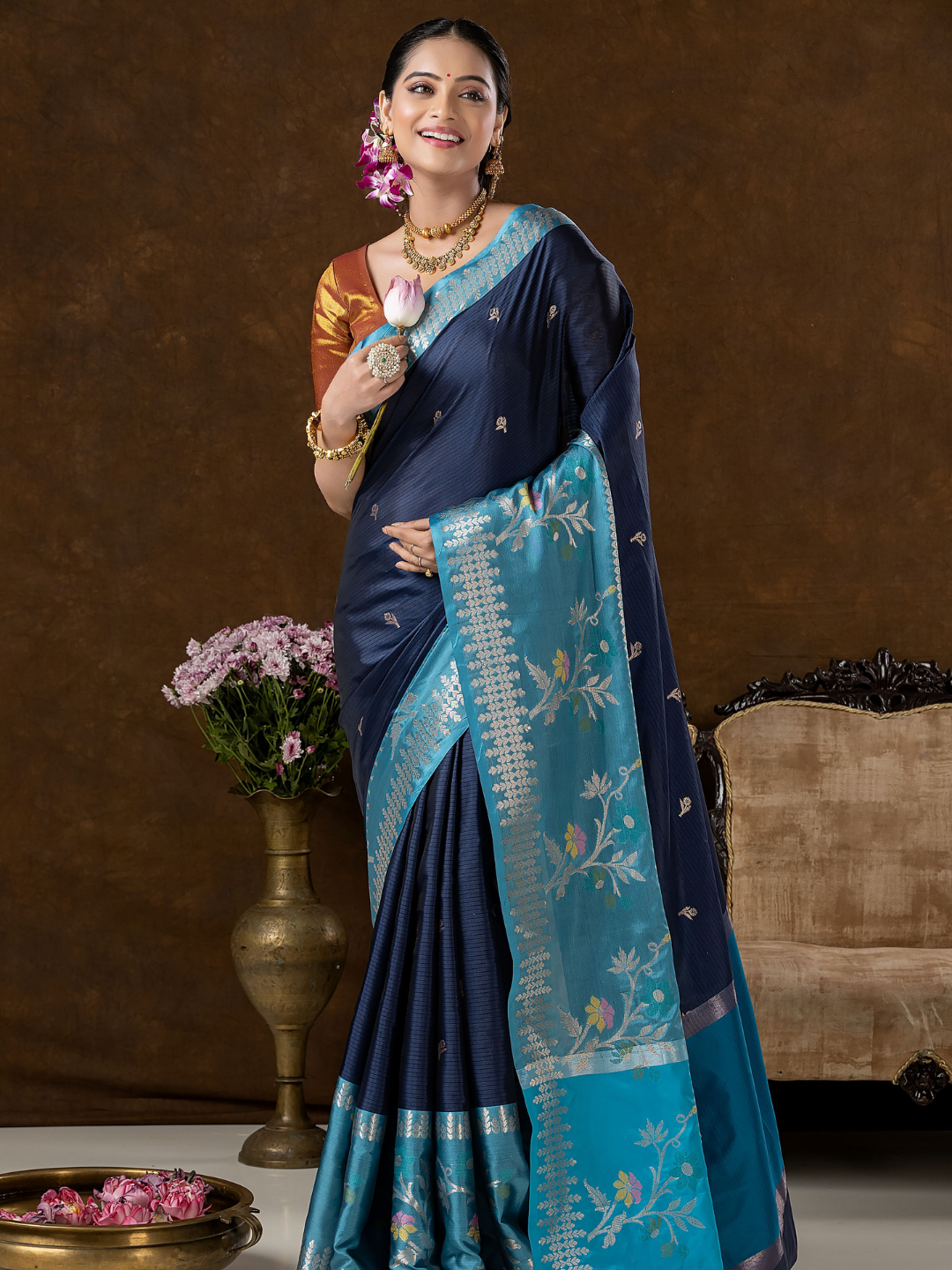 Classic Benarasi Semi Silk Saree | Deep Navy Blue