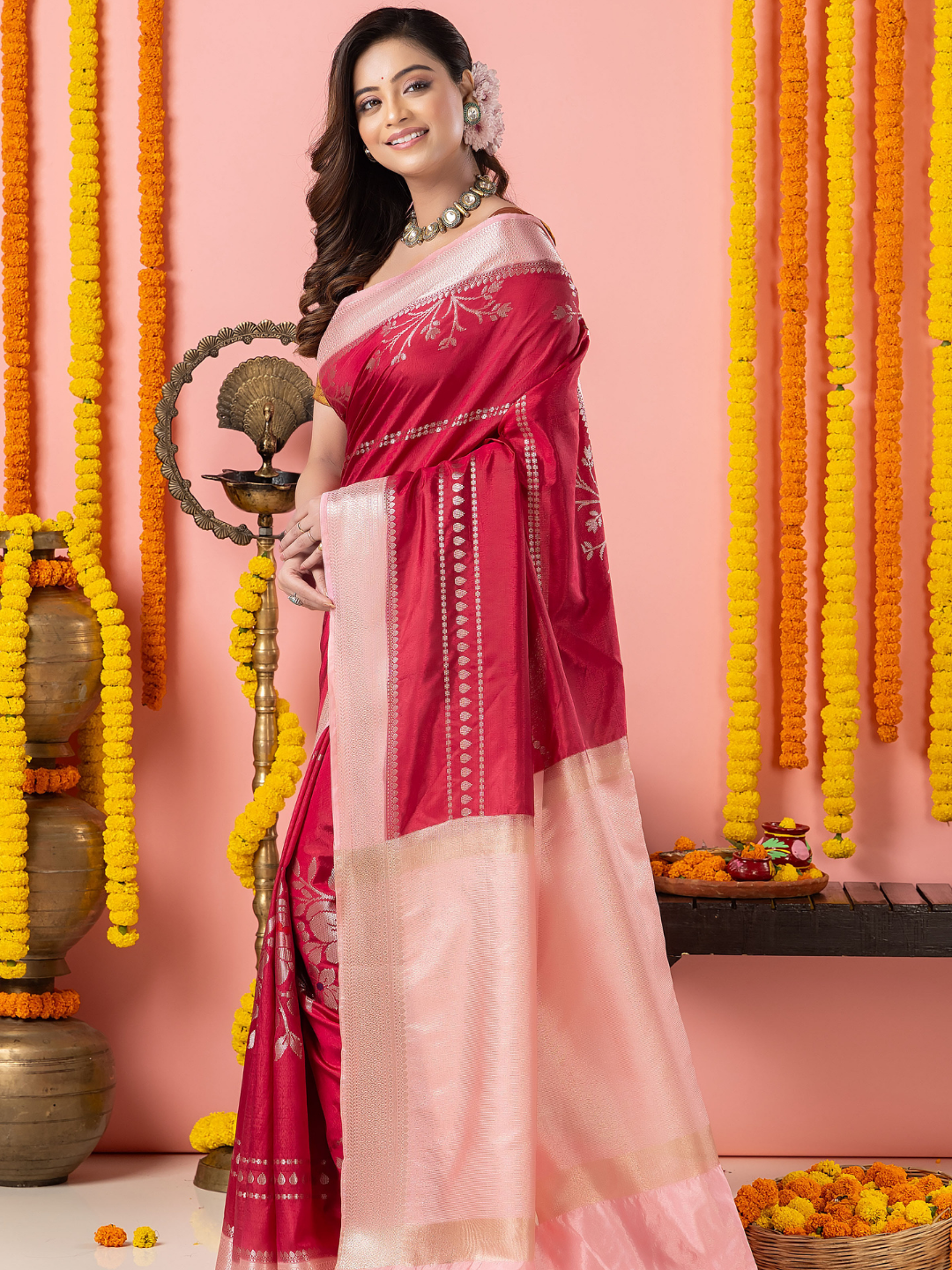 Classic Benarasi Semi Silk Saree | Magenta Pink