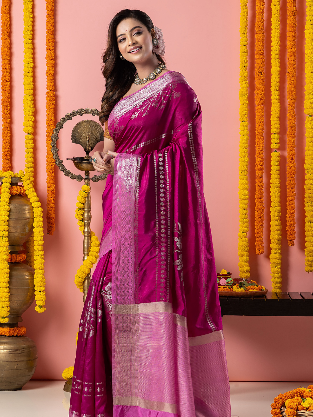 Classic Benarasi Semi Silk Saree | Purple Magenta