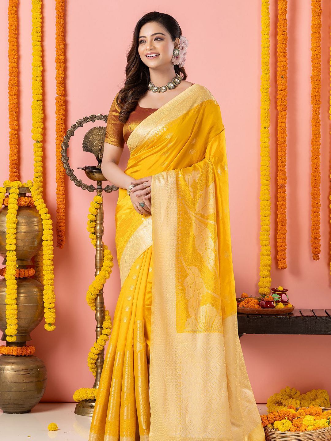 Classic Benarasi Semi Silk Saree | Mustard Yellow