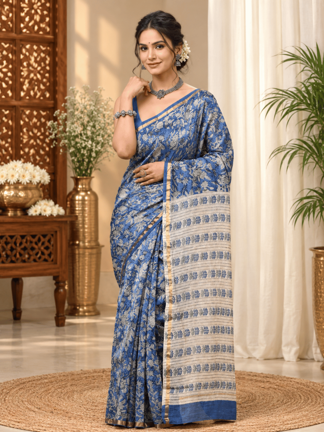 Classic Block Print Mul Chanderi Saree | Blue
