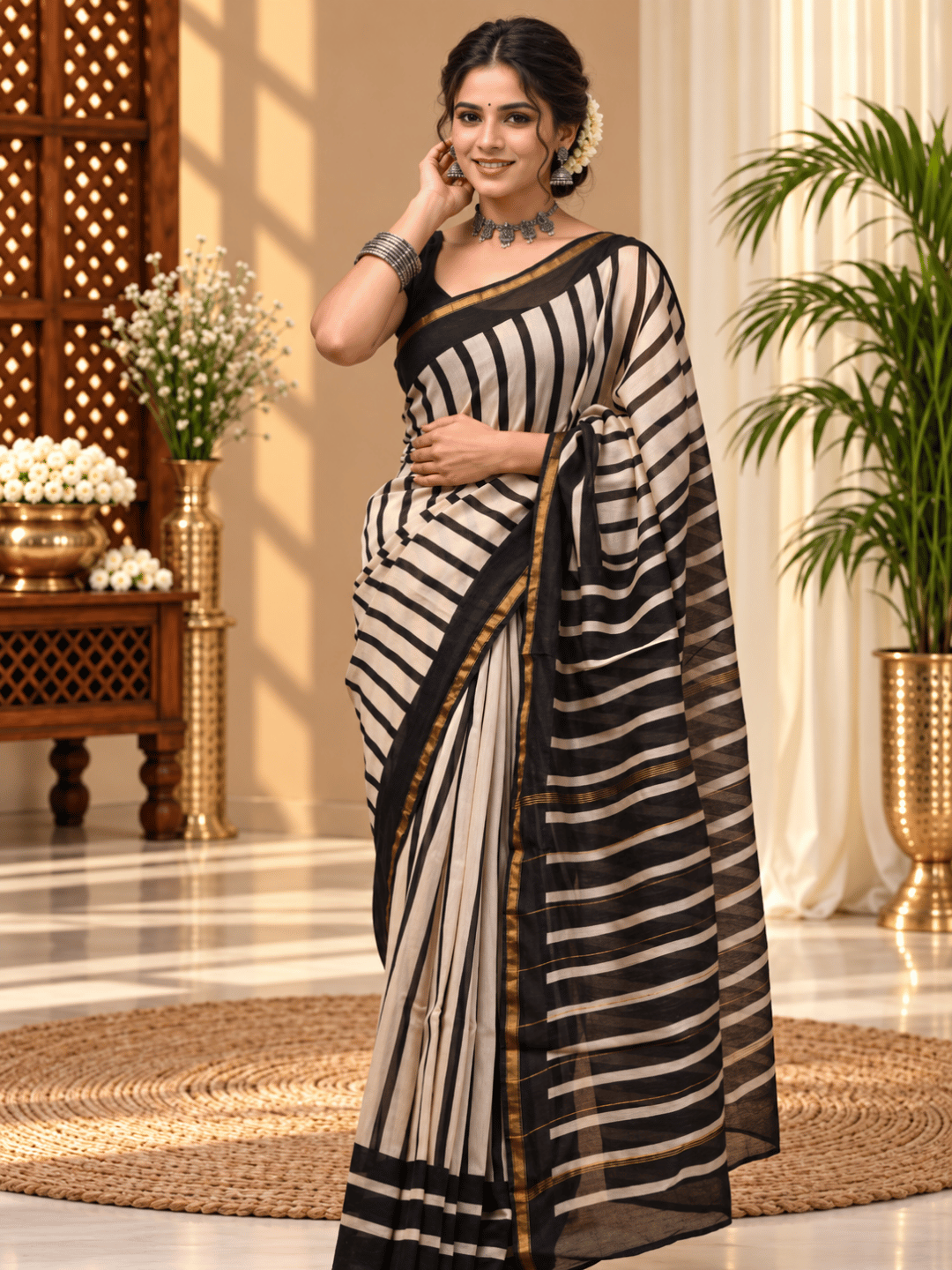 Classic Block Print Mul Chanderi Saree | Beige