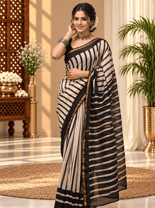 Classic Block Print Mul Chanderi Saree | Beige