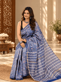 Classic Block Print Mul Chanderi Saree | Blue