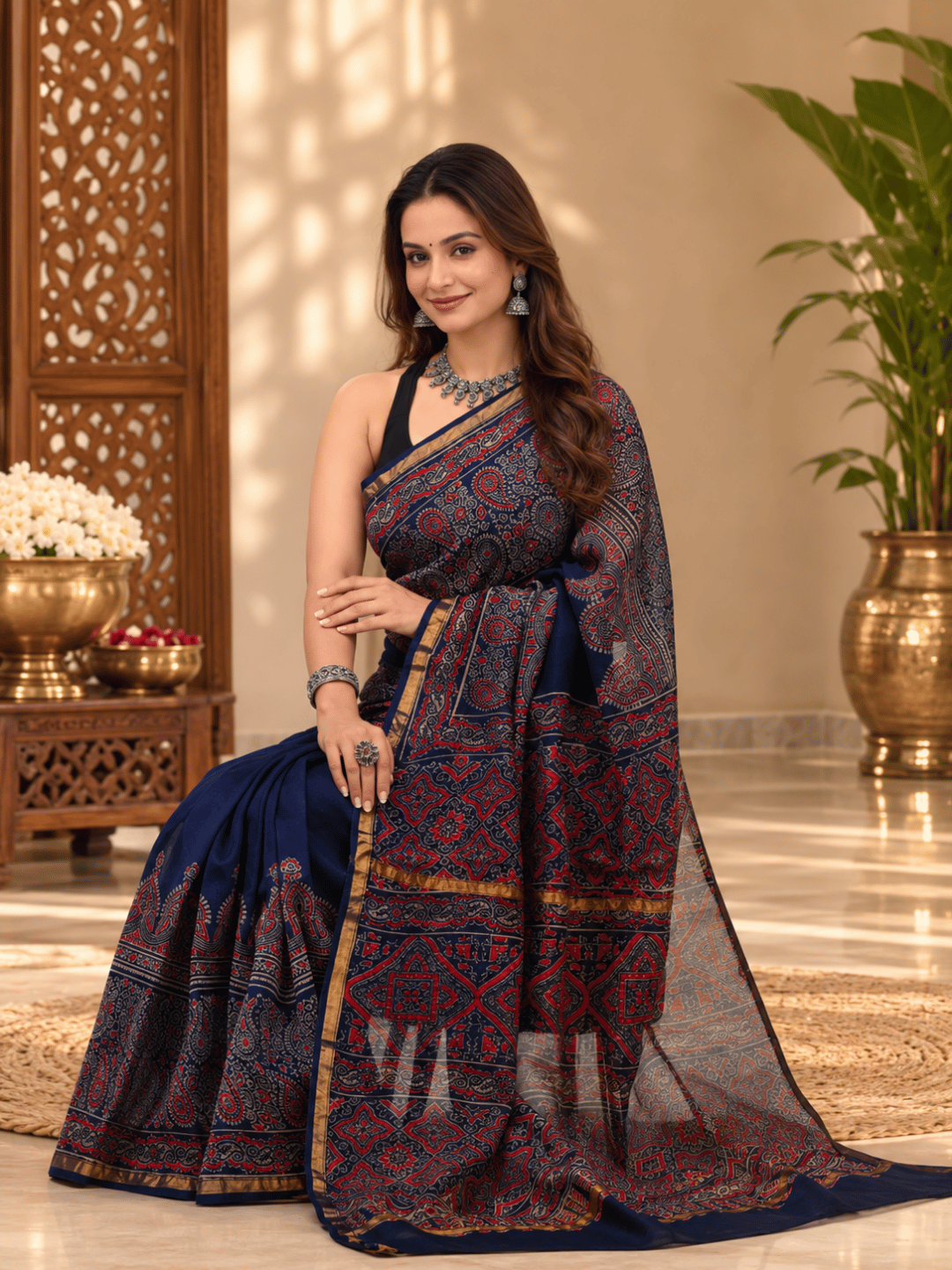 Classic Block Print Mul Chanderi Saree | Navy