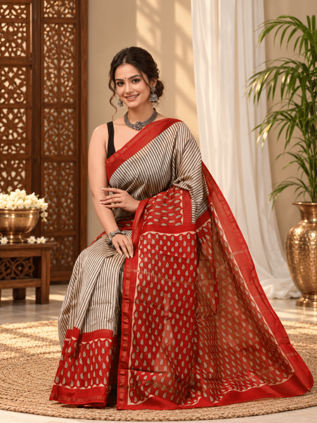 Classic Block Print Mul Chanderi Saree | Beige