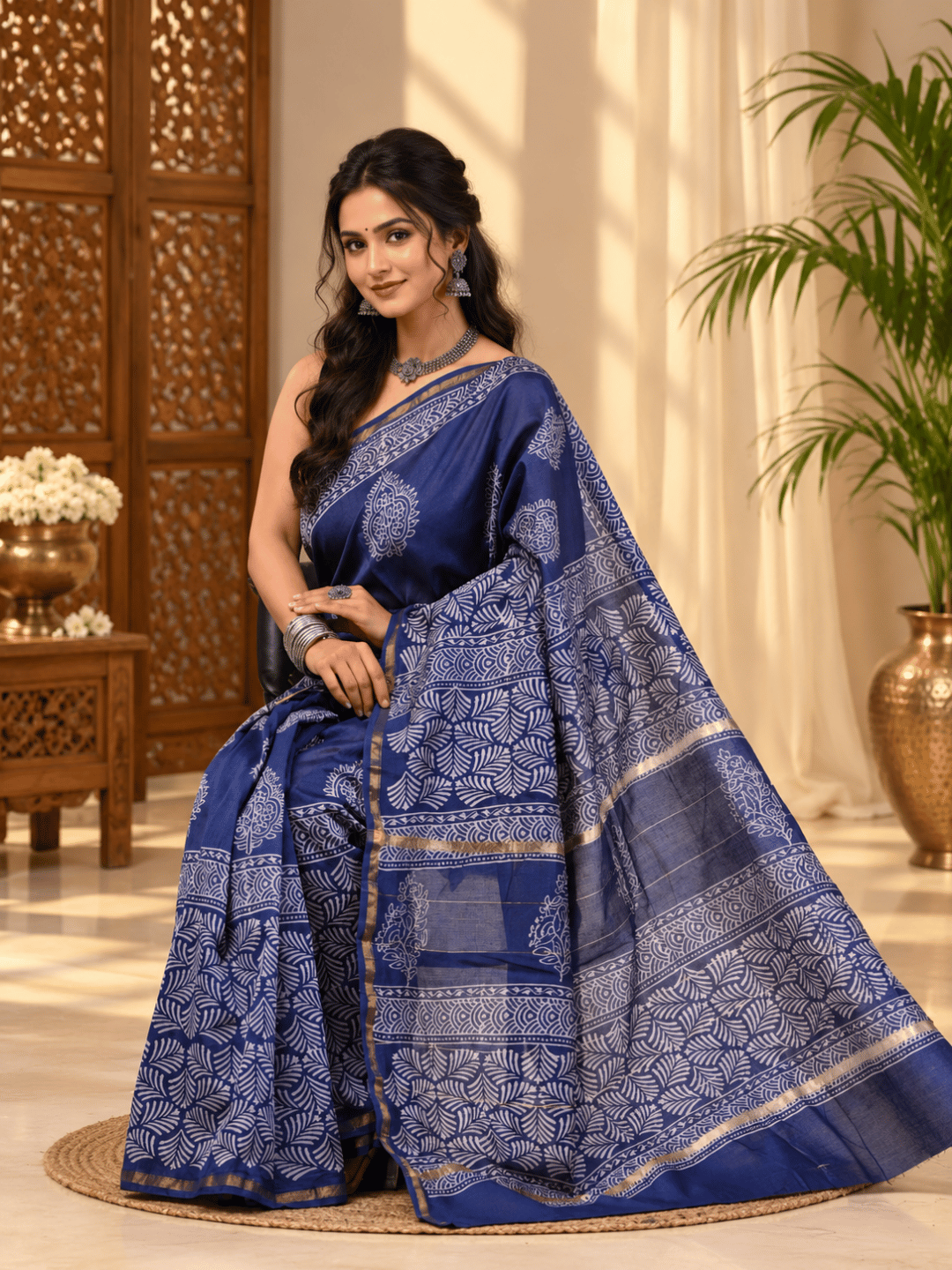 Classic Block Print Mul Chanderi Saree | Navy