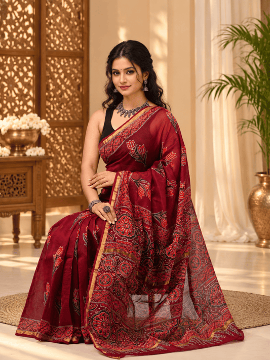Classic Block Print Mul Chanderi Saree | Red