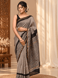 Classic Block Print Mul Chanderi Saree | Gray